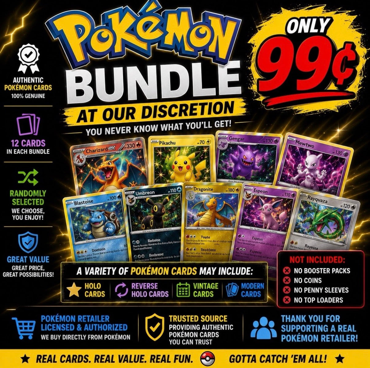 Pokemon Card Bundle 12 Authentic Cards Vintage Modern Holo TCG Random Lot